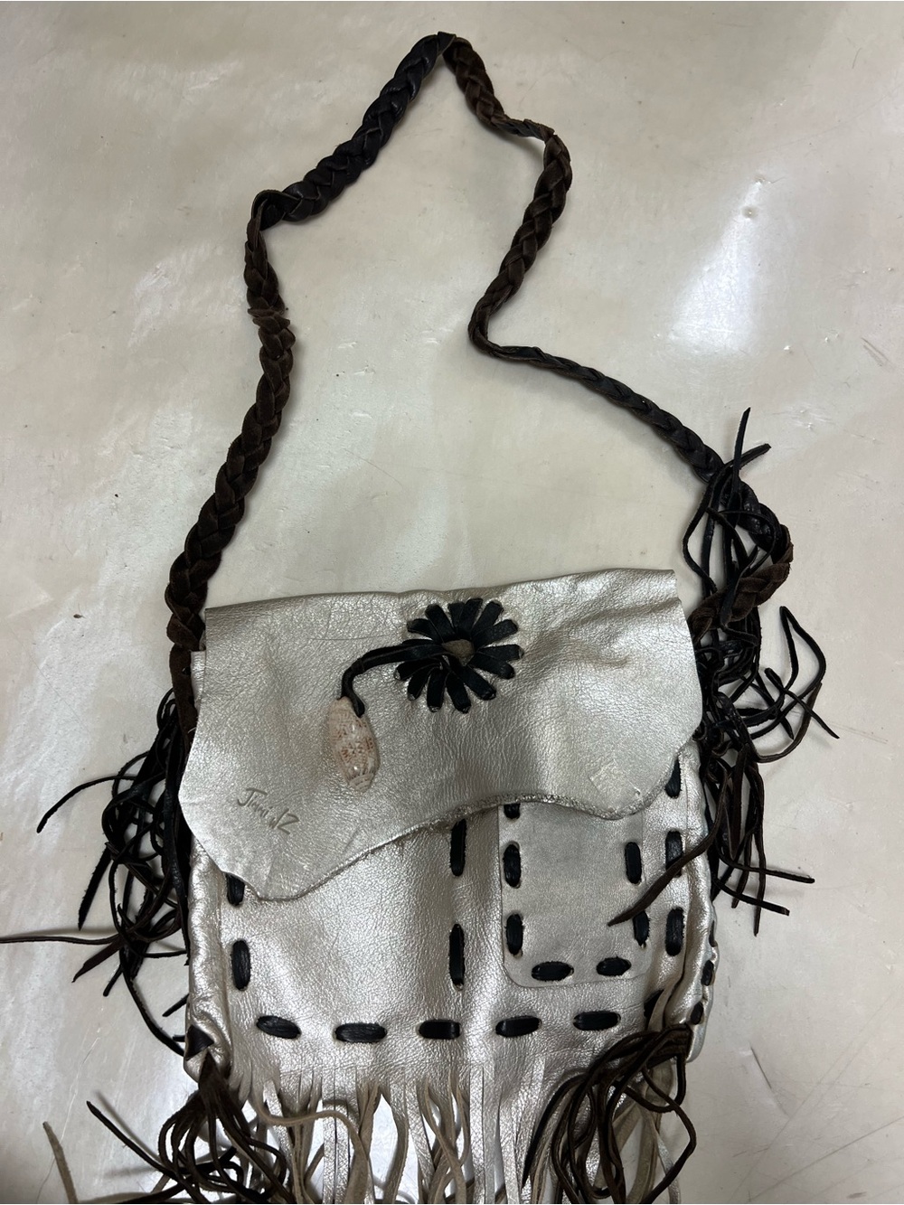 Jimmi Wz Metallic Silver Fringe Crossbody Bag with Braided Strap